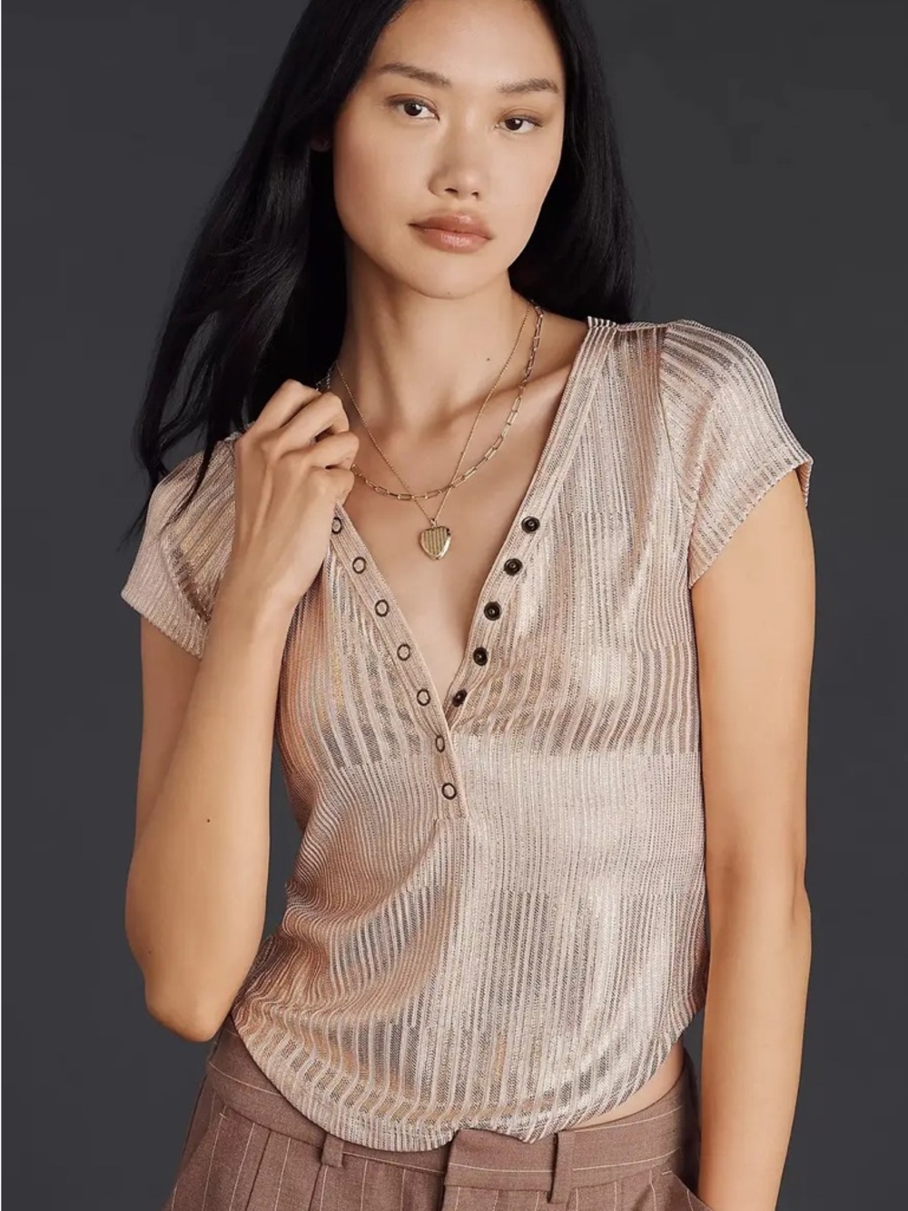 Pilcro The Andie Ribbed Henley Top: Shine Edition Small